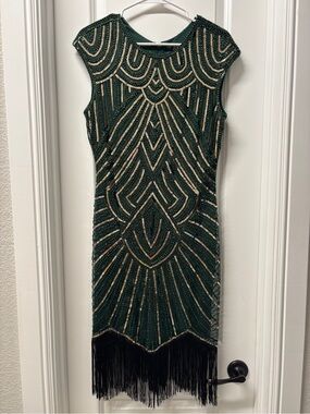 Babeyond Elegant Green Flapper Girl Beaded Fringe Sheath Dress- Size Large
